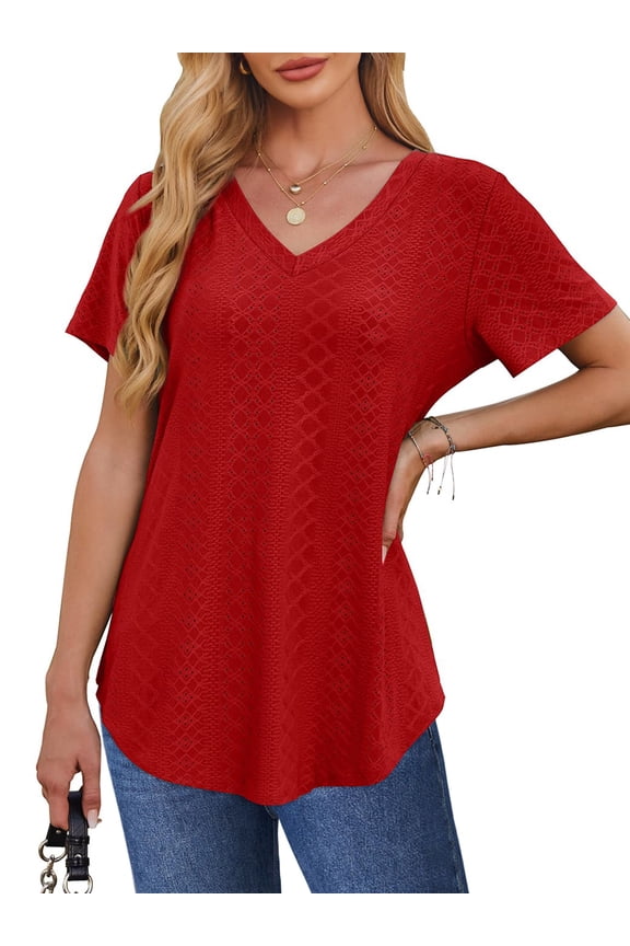 Summer Blouses for Women Short Sleeves V Neck Shirts Curved Hem Loose Fit Tunic Tops