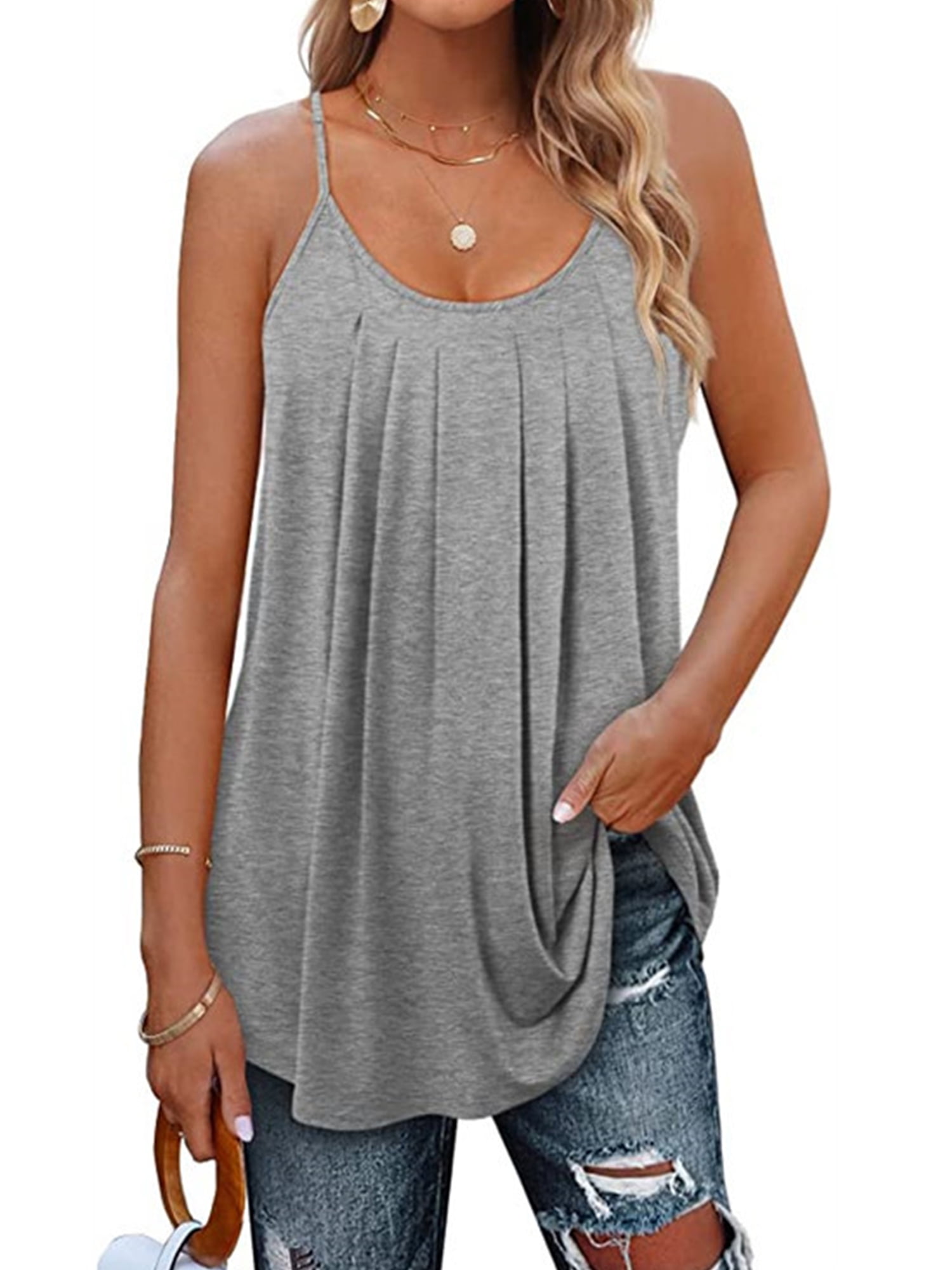 UVN Tank Tops for Women Pleat Spaghetti Strap Camisole Sleeveless Summer  Tops Loose Fit Beach Tank Ladies Casual Tank Top