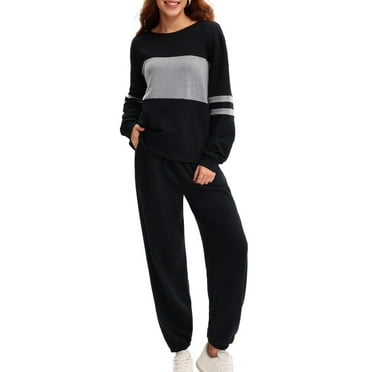 UVN Tracksuit for Women Colorblock Striped Sweatsuit Casual 2 Piece Sweatshirts Sweatpants Jogger Set Outfits, Black, L Size