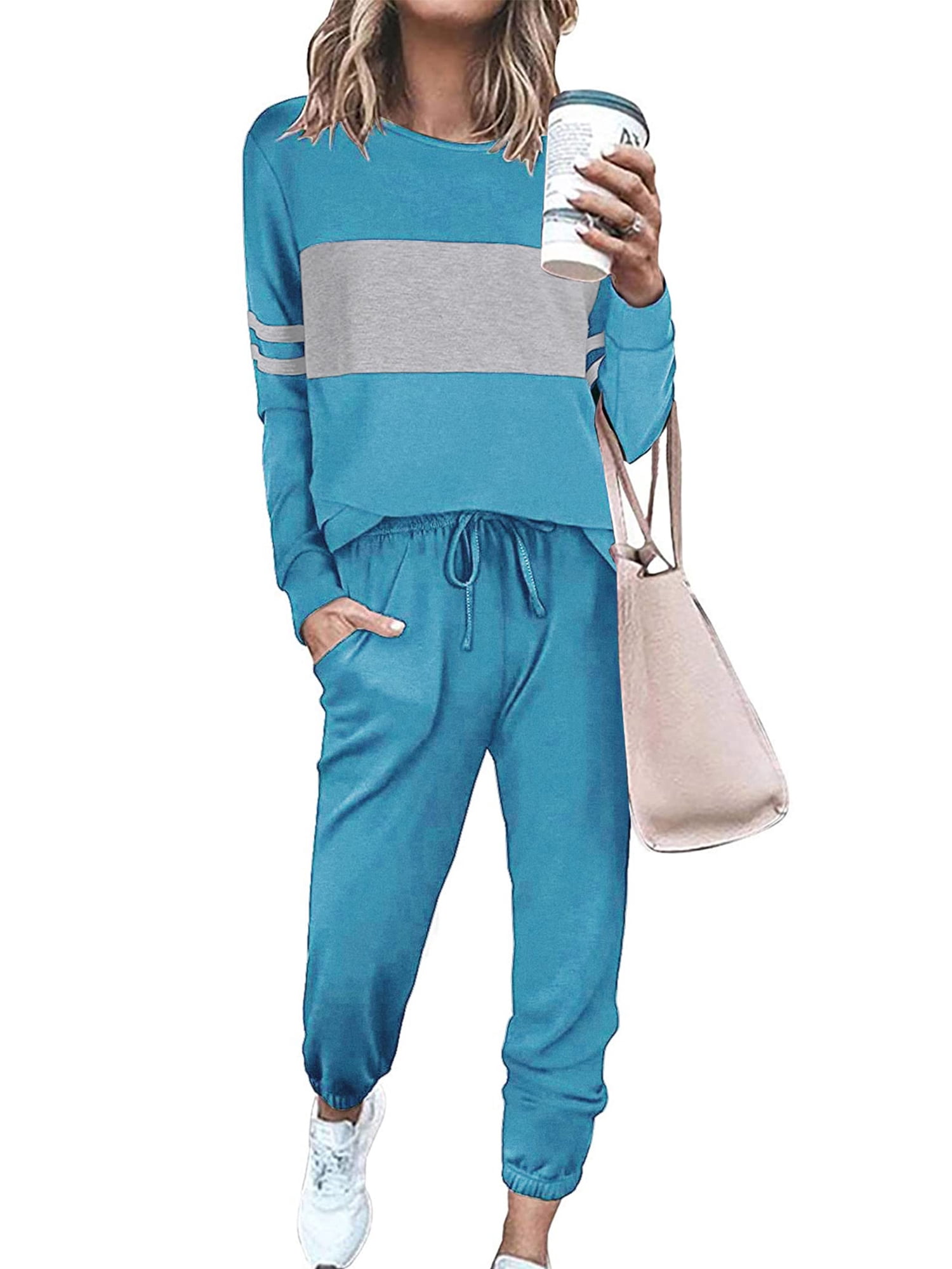 UVN Tracksuit for Women Colorblock Striped Sweatsuit Casual 2 Piece ...