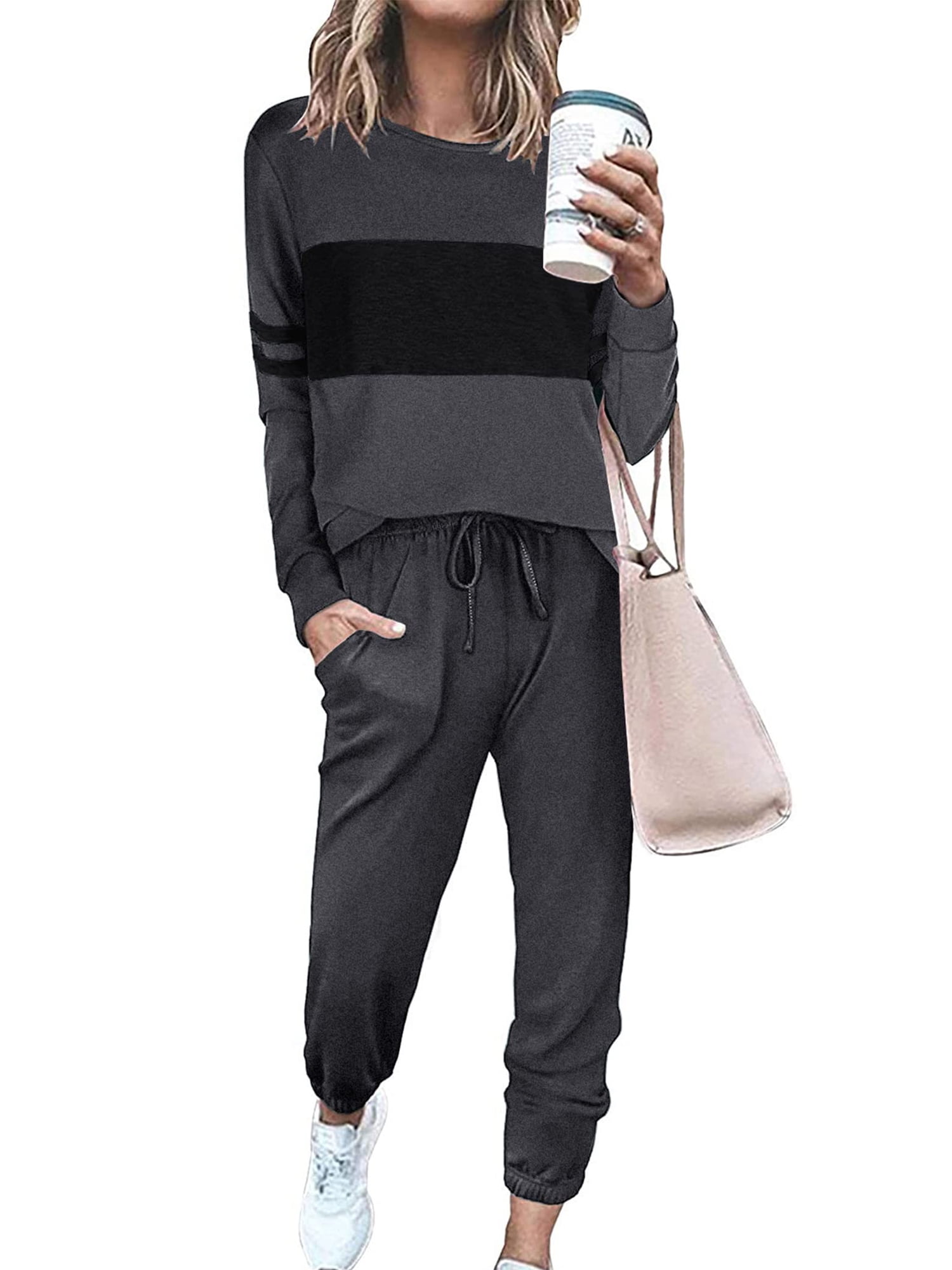 UVN Tracksuit for Women Colorblock Striped Sweatsuit Casual 2 Piece ...