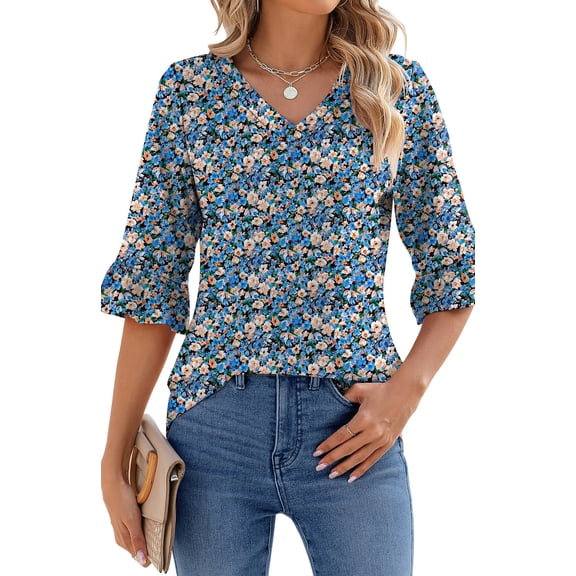 Shine Up Blouses for Womens Floral Print Tunic Tops Summer V-Neck 3/4 Ruffle Sleeve Blouse