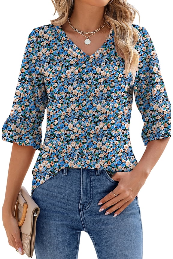Blouses for Womens Floral Print Tunic Tops Summer V-Neck 3/4 Ruffle Sleeve Blouse