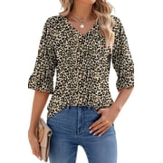 Shine Up Blouses for Womens Floral Print Tunic Tops Summer V-Neck 3/4 Ruffle Sleeve Blouse