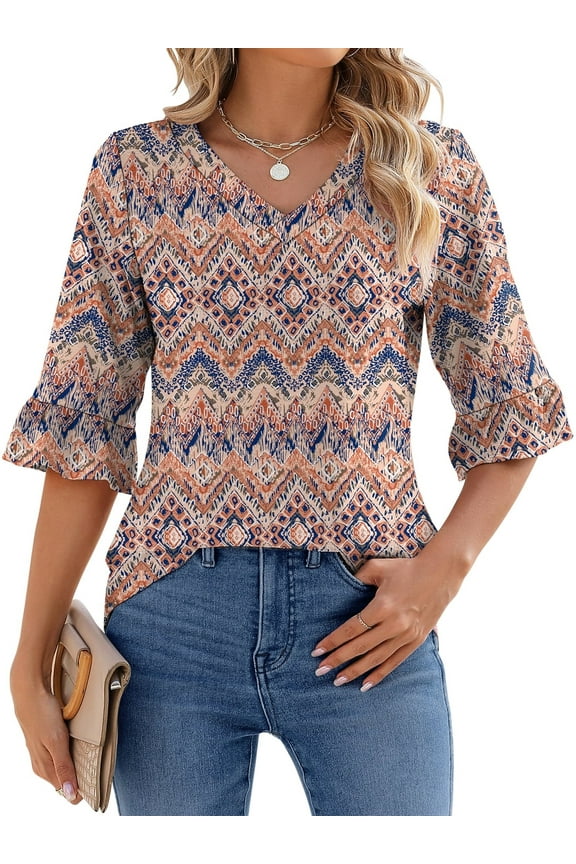 UVN Tunic Blouses for Womens Floral Print Tops Summer V-Neck 3/4 Ruffle Sleeve Blouse