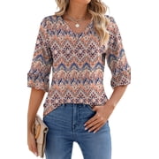 Shine Up Blouses for Womens Floral Print Tunic Tops Summer V-Neck 3/4 Ruffle Sleeve Blouse