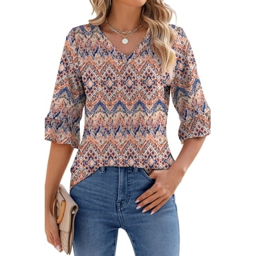 Shine Up Blouses for Womens Floral Print Tunic Tops Summer V-Neck 3/4 Ruffle Sleeve Blouse
