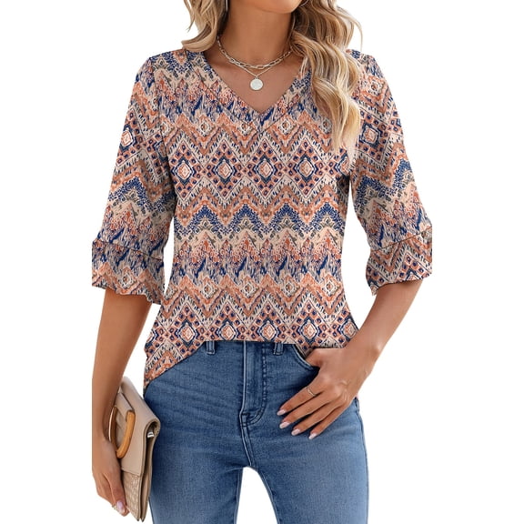 Shine Up Blouses for Womens Floral Print Tunic Tops Summer V-Neck 3/4 Ruffle Sleeve Blouse