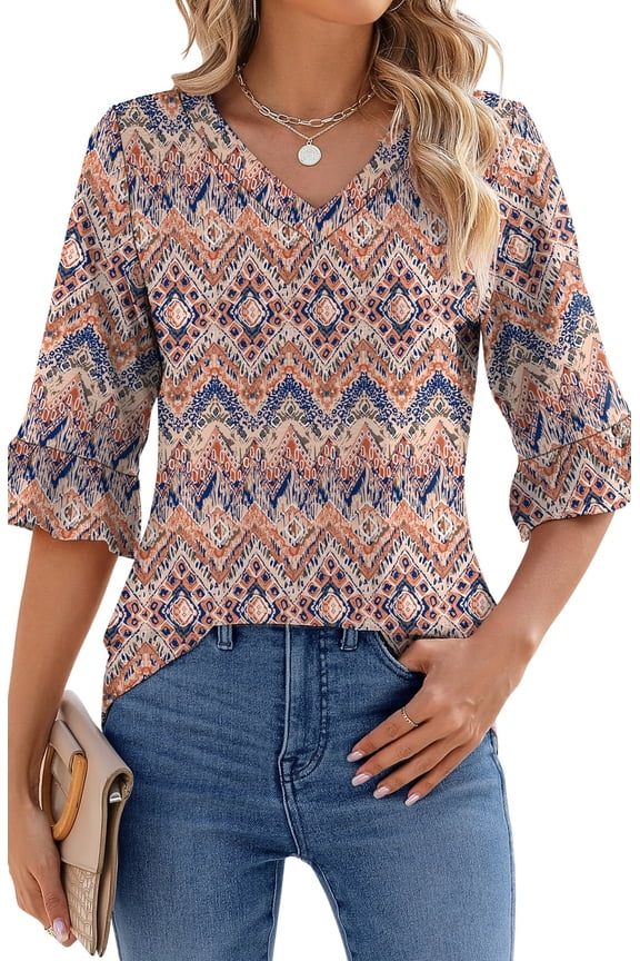 Blouses for Womens Floral Print Tunic Tops Summer V-Neck 3/4 Ruffle Sleeve Blouse
