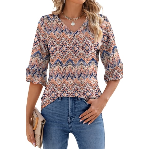 Blouses for Womens Floral Print Tunic Tops Summer V-Neck 3/4 Ruffle Sleeve Blouse
