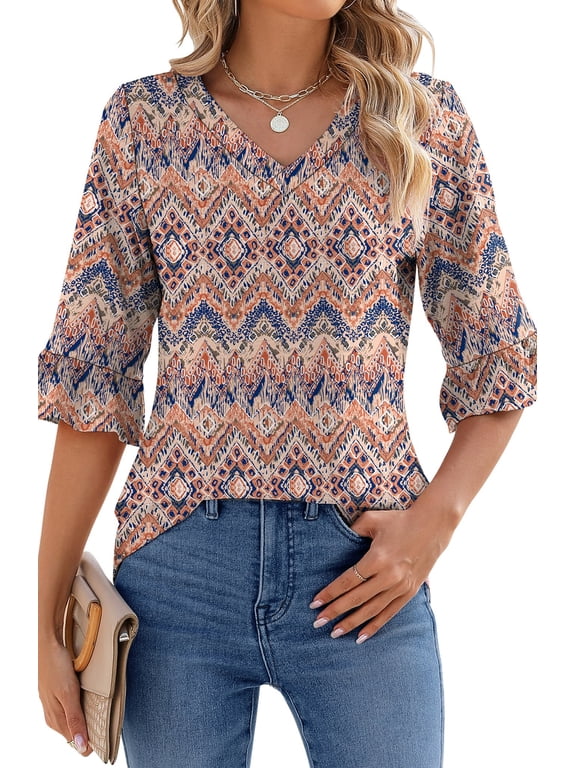 Blouses for Womens Floral Print Tunic Tops Summer V-Neck 3/4 Ruffle Sleeve Blouse
