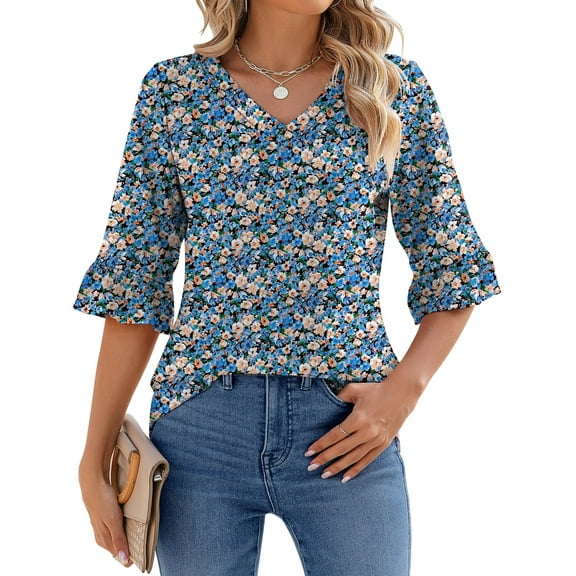 UVN Tunic Blouses for Womens Floral Print Tops Summer V-Neck 3/4 Ruffle Sleeve Blouse