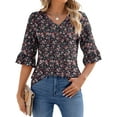 thumbnail image 1 of UVN Tunic Blouses for Womens Floral Print Tops Summer V-Neck 3/4 Ruffle Sleeve Blouse, 1 of 6