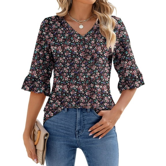 UVN Tunic Blouses for Womens Floral Print Tops Summer V-Neck 3/4 Ruffle Sleeve Blouse