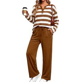 UVN Two Piece Outfits Sets for Women Casual Color Block Striped Sweatsuits Long Sleeve Henley Shirts Wide Leg Pants Tracksuits Matching Sets with Pockets