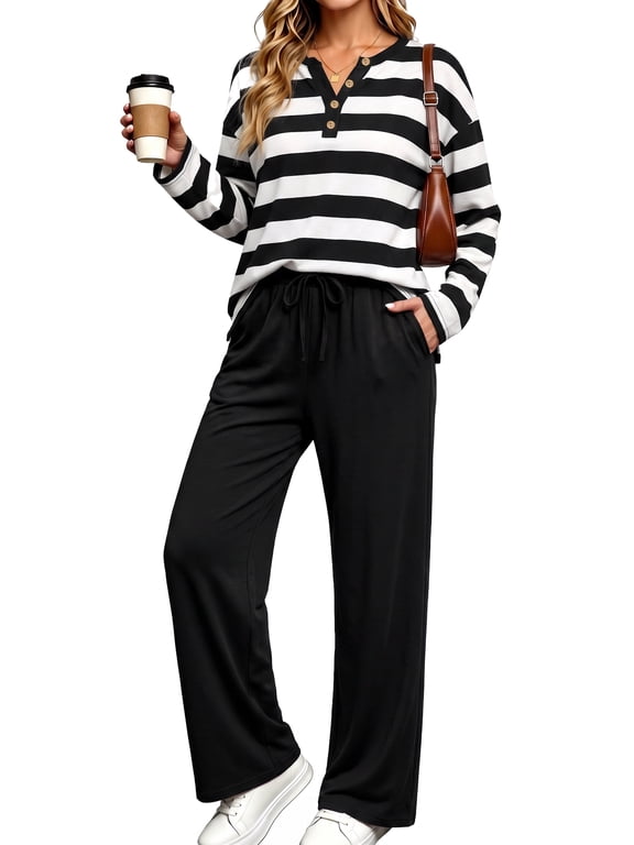 Two Piece Outfits Sets for Women Casual Color Block Striped Sweatsuits Long Sleeve Henley Shirts Wide Leg Pants Tracksuits Matching Sets with Pockets