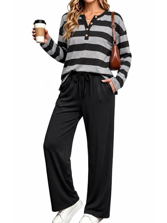 Two Piece Outfits Sets for Women Casual Color Block Striped Sweatsuits Long Sleeve Henley Shirts Wide Leg Pants Tracksuits Matching Sets with Pockets