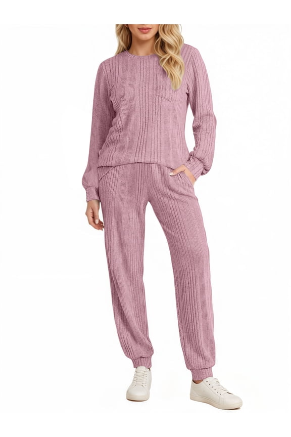Two Piece Sets for Women Casual Outfits Sets Textured Long Sleeve Shirts and Long Pants Lounge Set Fall Pajama Sets with Pockets
