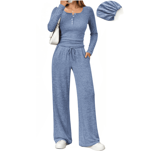 UVN Two Piece Sets for Women Fall Long Sleeve Ruched Tops and Wide Leg Pants Outfits Ladies Fashion Casual Lounge Sets