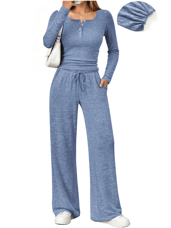 Two Piece Sets for Women Fall Long Sleeve Ruched Tops and Wide Leg Pants Outfits Ladies Fashion Casual Lounge Sets