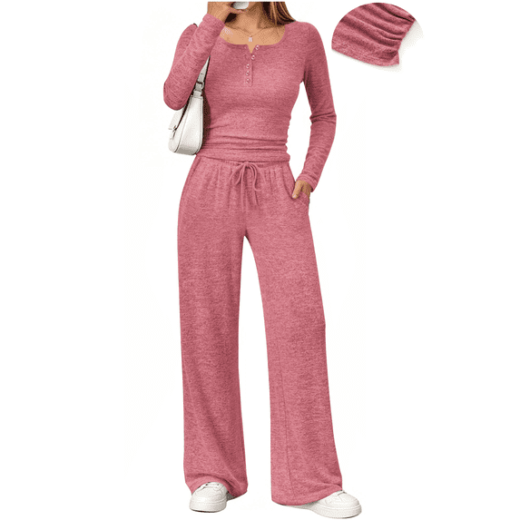 UVN Two Piece Sets for Women Fall Long Sleeve Ruched Tops and Wide Leg Pants Outfits Ladies Fashion Casual Lounge Sets