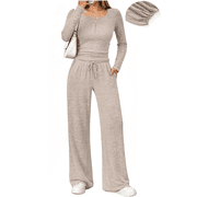 UVN Two Piece Sets for Women Fall Long Sleeve Ruched Tops and Wide Leg Pants Outfits Ladies Fashion Casual Lounge Sets
