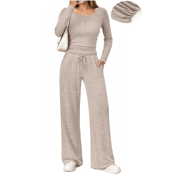 UVN Two Piece Sets for Women Fall Long Sleeve Ruched Tops and Wide Leg Pants Outfits Ladies Fashion Casual Lounge Sets