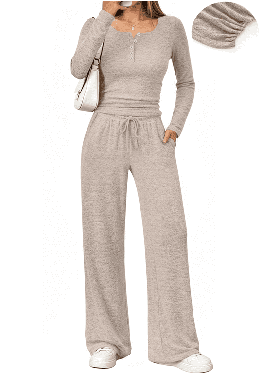 Two Piece Sets for Women Fall Long Sleeve Ruched Tops and Wide Leg Pants Outfits Ladies Fashion Casual Lounge Sets