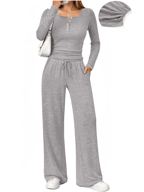 Two Piece Sets for Women Fall Long Sleeve Ruched Tops and Wide Leg Pants Outfits Ladies Fashion Casual Lounge Sets