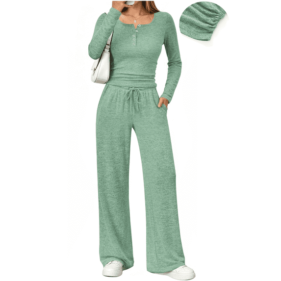 UVN Two Piece Sets for Women Fall Long Sleeve Ruched Tops and Wide Leg Pants Outfits Ladies Fashion Casual Lounge Sets