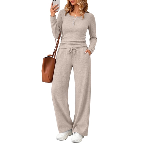 UVN Two Piece Sets for Women Fall Long Sleeve Ruched Tops and Wide Leg Pants Outfits Ladies Fashion Casual Lounge Sets