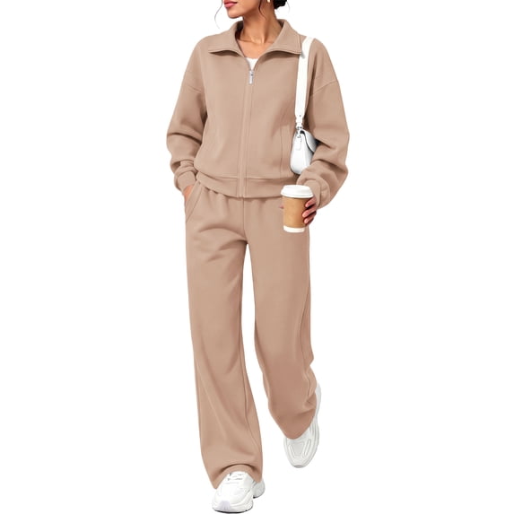UVN Two Piece Sets for Women Fall Winter Fashion Tracksuit Outfits Lapel Long Sleeve Zip Up Tops and Pants Lounge Sets