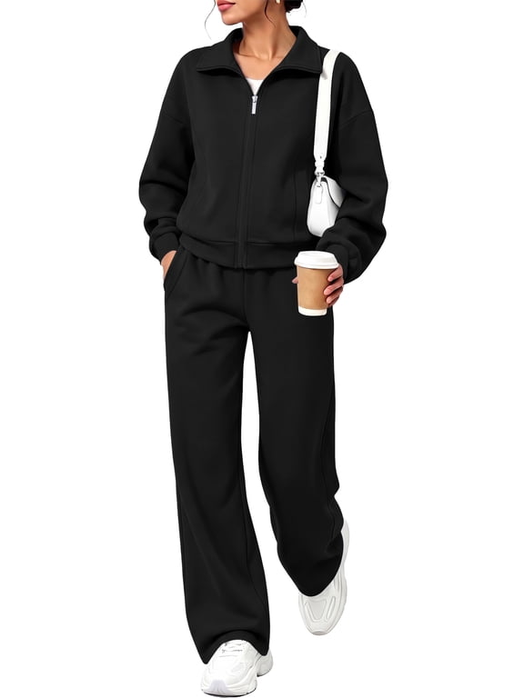 Two Piece Sets for Women Fall Winter Fashion Tracksuit Outfits Lapel Long Sleeve Zip Up Tops and Pants Lounge Sets