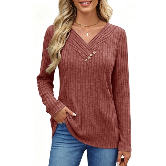 UVN V Neck Blouses for Women Button Long Sleeve Shirts Dressy Casual Fall Sweaters Tunic Tops
