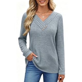 UVN V Neck Blouses for Women Button Long Sleeve Shirts Dressy Casual Fall Sweaters Tunic Tops