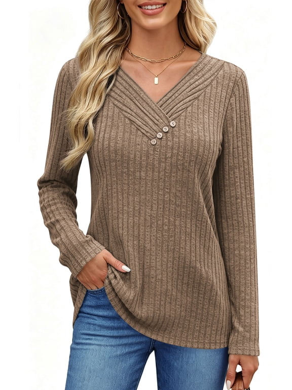 V Neck Blouses for Women Button Long Sleeve Shirts Dressy Casual Fall Sweaters Tunic Tops