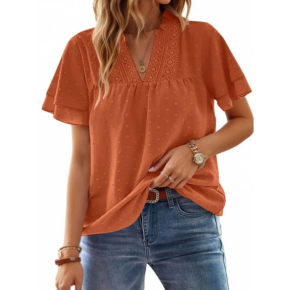 UVN V Neck Shirts for women Summer Lace Butterfly Sleeve Blouses Ladies Casual Flowy Crochet Tops