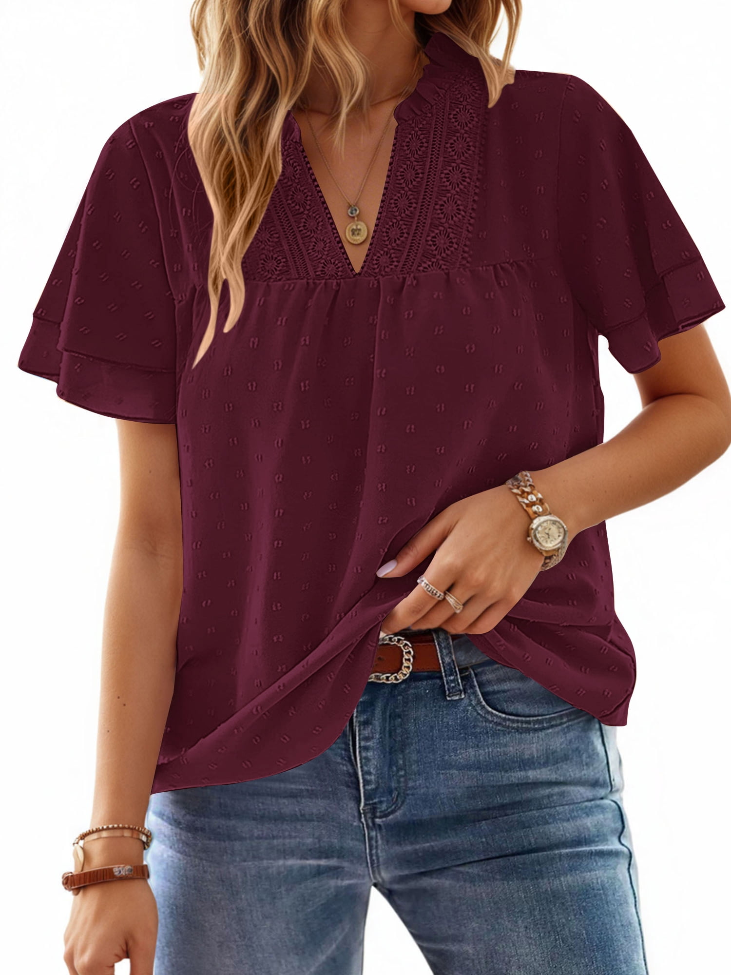 UVN V Neck Shirts for women Summer Lace Butterfly Sleeve Blouses Ladies ...