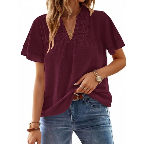 V Neck Shirts for women Summer Lace Butterfly Sleeve Blouses Ladies Casual Flowy Crochet Tops