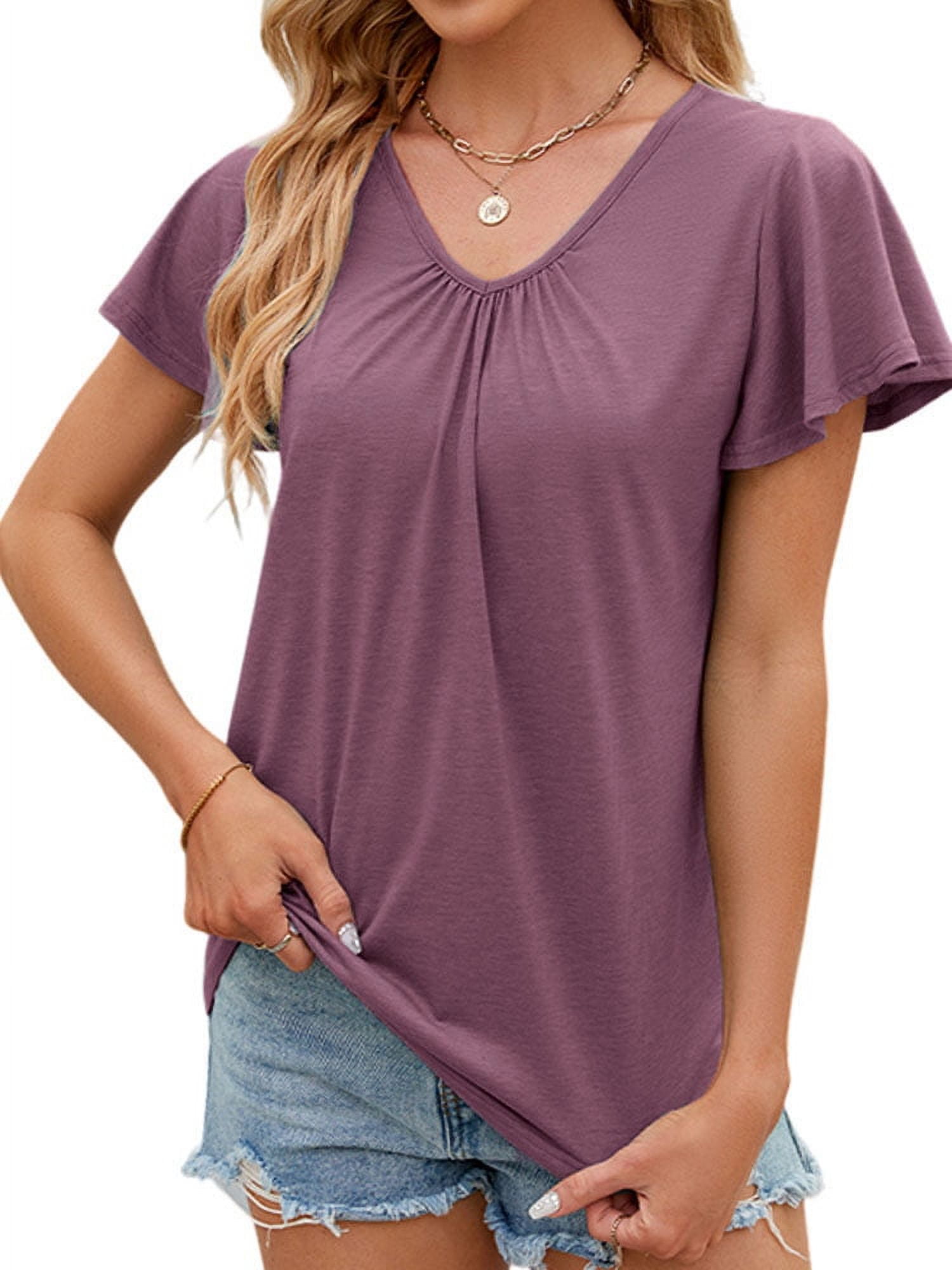 UVN V Neck T Shirt for Women Summer Pleated Blouse Casual Ruffle Short ...