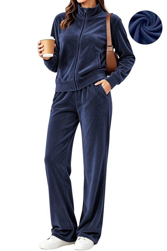 Velour Outfit Set for Women 2 Piece Lounge Sets Casual Full Zip Top and Wide Leg Pants Ladies Fall Tracksuit with Pocket