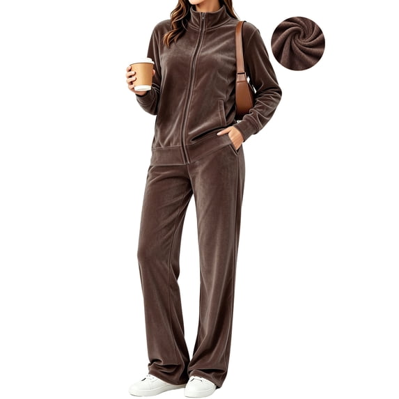 UVN Velour Outfit Set for Women 2 Piece Lounge Sets Casual Full Zip Top and Wide Leg Pants Ladies Fall Tracksuit with Pocket