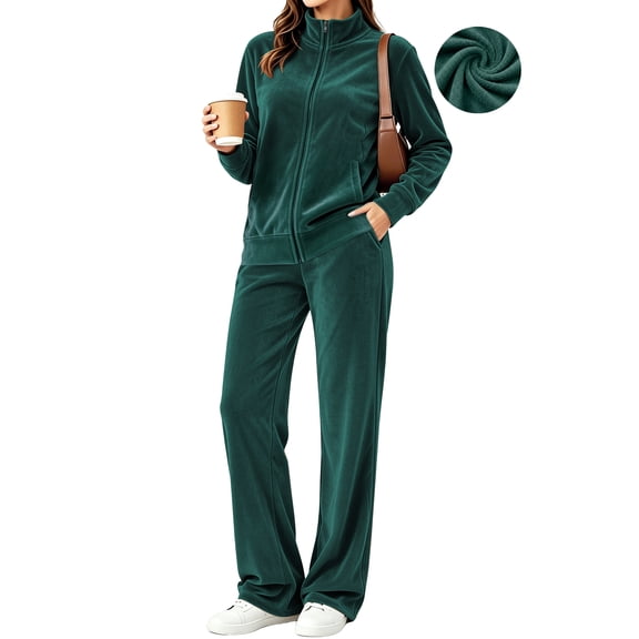 UVN Velour Outfit Set for Women 2 Piece Lounge Sets Casual Full Zip Top and Wide Leg Pants Ladies Fall Tracksuit with Pocket