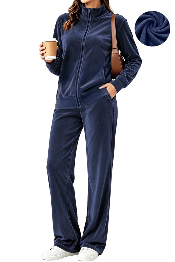 Velour Outfit Set for Women 2 Piece Lounge Sets Casual Full Zip Top and Wide Leg Pants Ladies Fall Tracksuit with Pocket