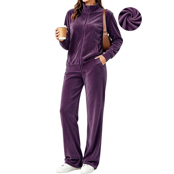 UVN Velour Outfit Set for Women 2 Piece Lounge Sets Casual Full Zip Top and Wide Leg Pants Ladies Fall Tracksuit with Pocket