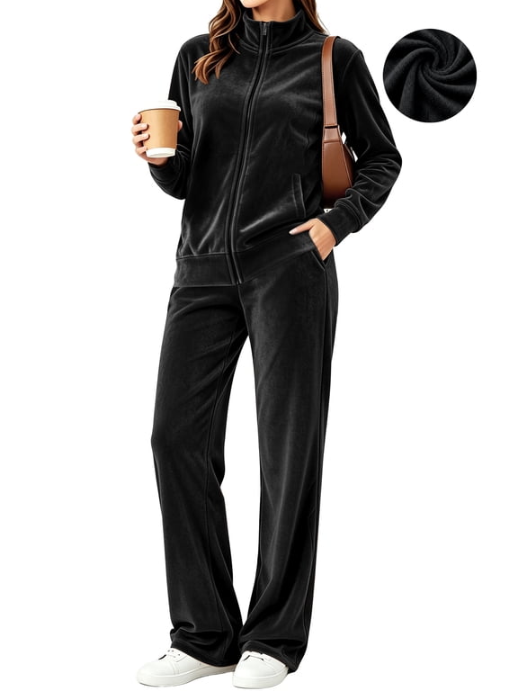 Velour Outfit Set for Women 2 Piece Lounge Sets Casual Full Zip Top and Wide Leg Pants Ladies Fall Tracksuit with Pocket