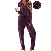 UVN Velvet Pajama Sets for Women Winter Long Sleeve Button Down Top and Drawstring Pant Ladies Casual Sleepwear