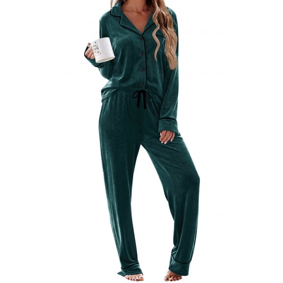 UVN Velvet Pajama Sets for Women Winter Long Sleeve Button Down Top and Drawstring Pant Ladies Casual Sleepwear
