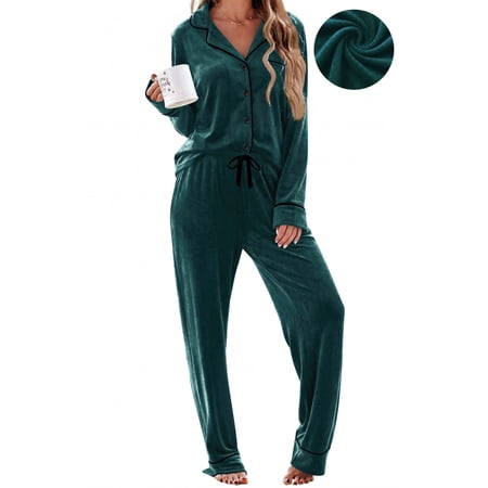 UVN Velvet Pajama Sets for Women Winter Long Sleeve Button Down Top and Drawstring Pant Ladies Casual Sleepwear