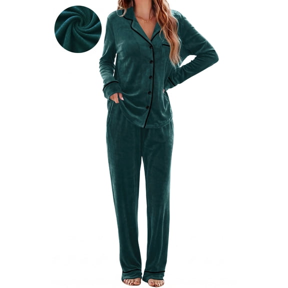 UVN Velvet Pajama Sets for Women Winter Long Sleeve Button Down Top and Drawstring Pant Ladies Casual Sleepwear